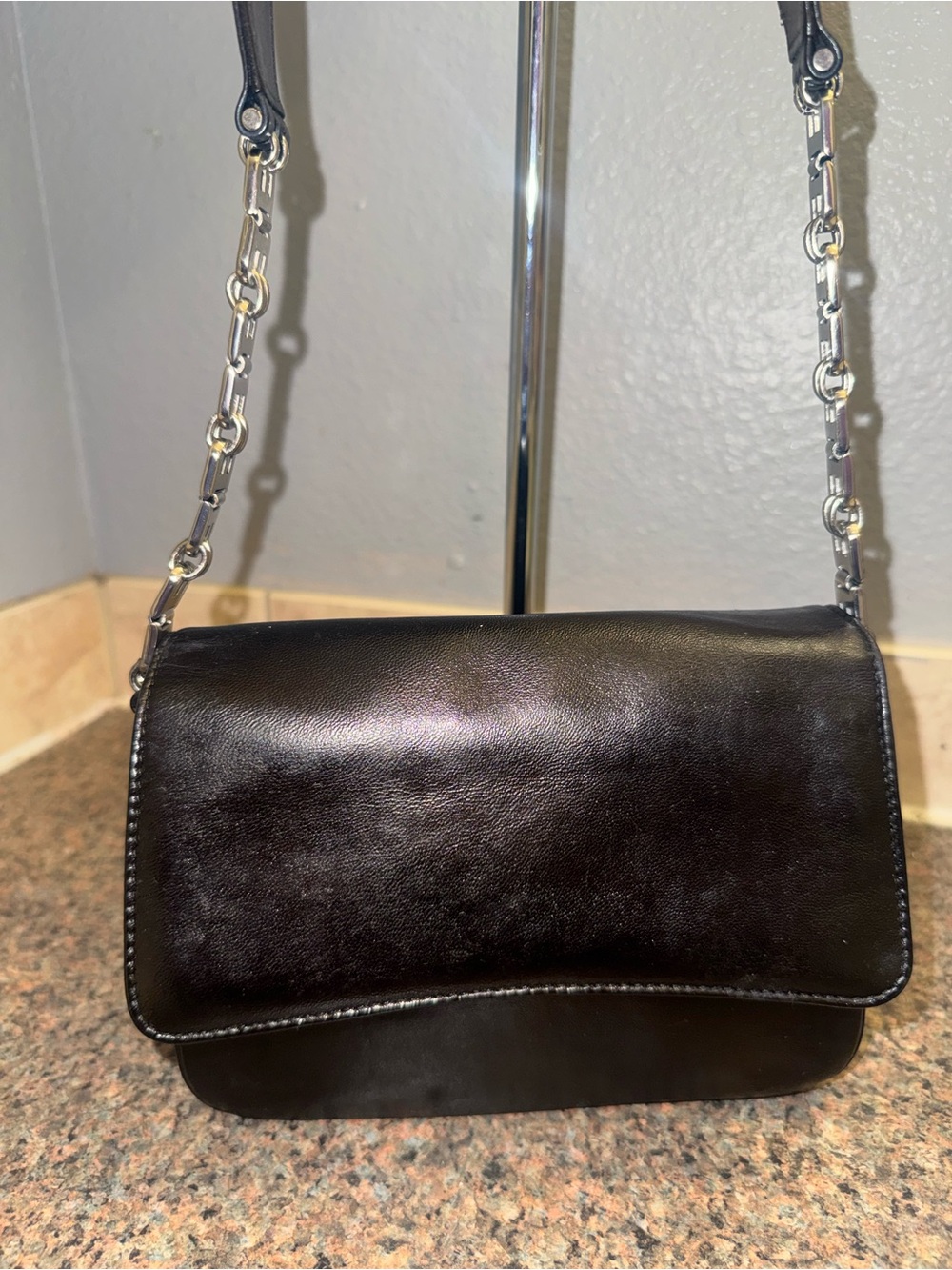 Bally Black Leather Crossbody with Silver Chain Strap